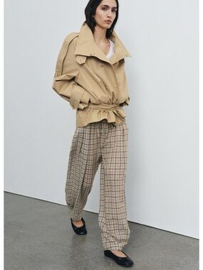 Zara ZW Collection Plaid Pants, featuring a beige check pattern,